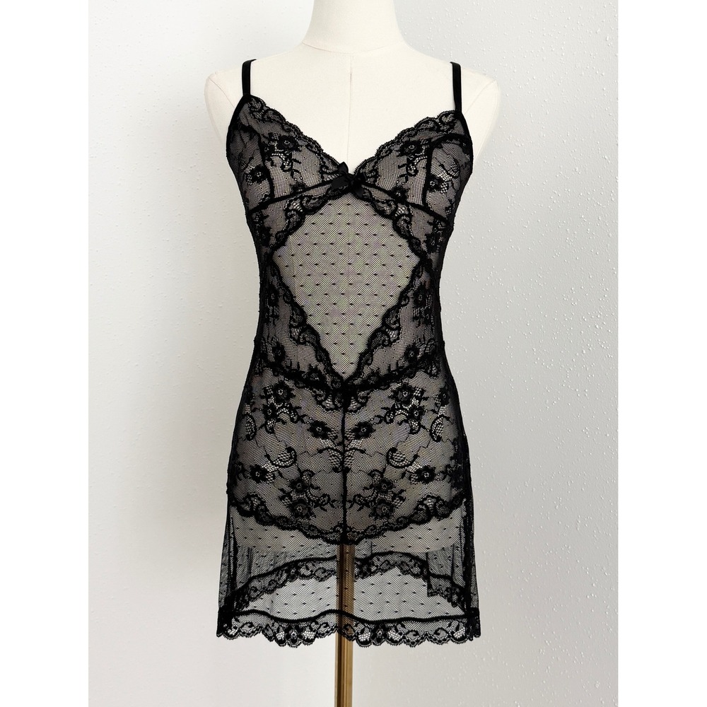 Victoria's Secret Black Sheer Lace Lingerie Slip Dress Y2K Goth Coquette (S)
